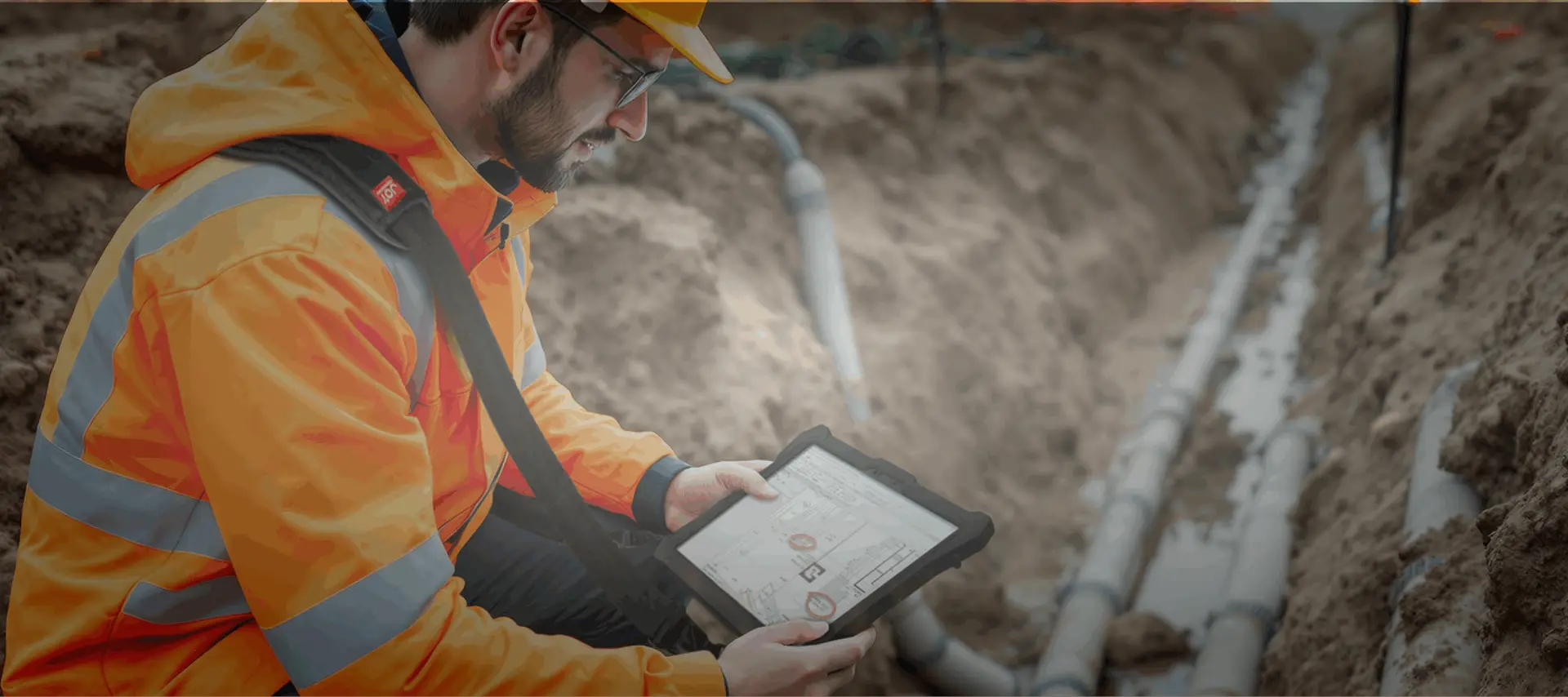A worker using a rugged tablet with a Joy Factory case in a construction environment.