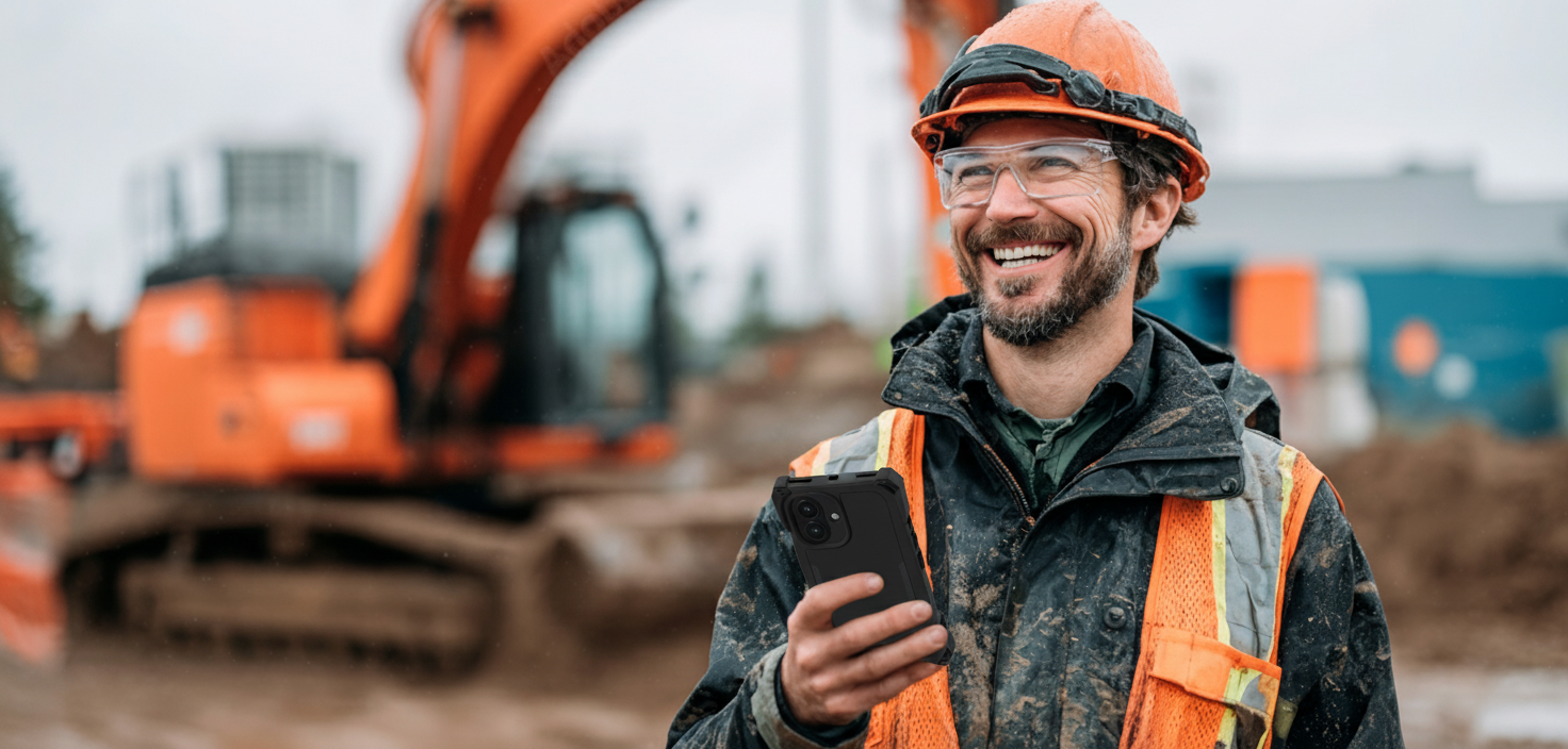 A construction manager using the aXtion Edge iPhone case on a job site.