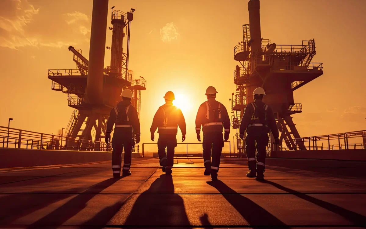 Team of oil workers walking out of oil rig on desert silhouette at sunset, power industry machines for producing petroleum gas. Generative Ai
