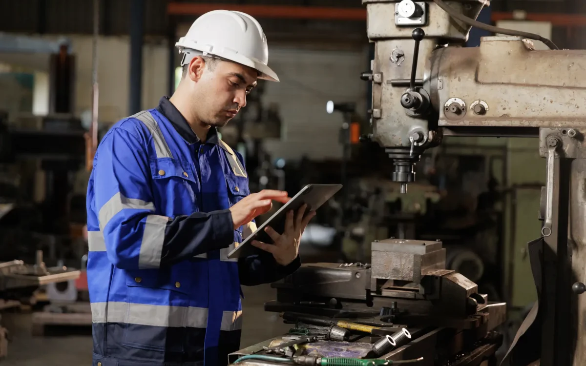 Male workers wearing uniform safety and hardhat  using tablet checking size an iron cutting machine in factory.