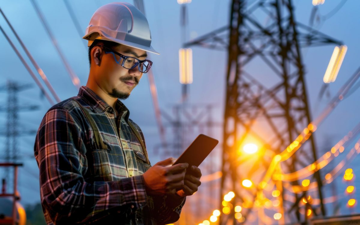 Construction worker using cell phone on the job site.
